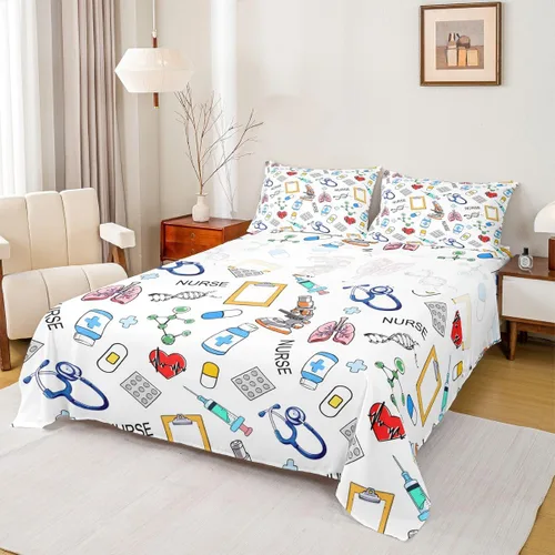 Miniatura 30 de Erosebridal Nurse Sheet Set Stethoscope Twin Sheets Set for Teen Boys,Colorful Medical Healthcare Heartbeat Syringe Fitted Sheet