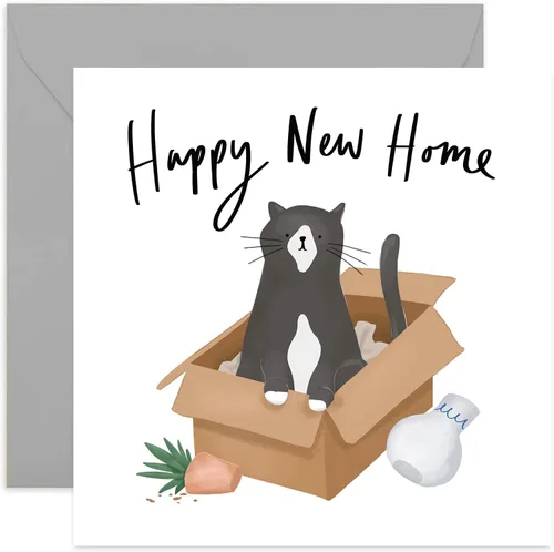 Old English Co. - Tarjeta de gato Happy New Home, divertida y linda tarjeta de día de mudanza de gatito para hombres y mujeres, inauguración de la