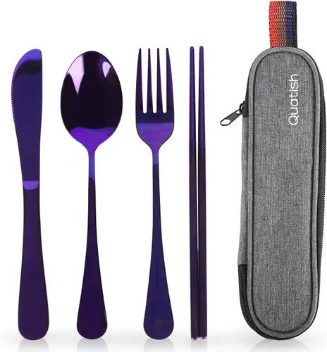 Utensilios de viaje con estuche, juego de cubiertos portátiles Quatish para el trabajo, juego de cubiertos de viaje reutilizables de acero Púrpura