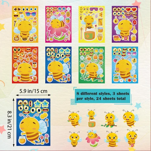 Miniatura 2 de 24 hojas de calcomanías de abeja para hacer una cara, lindos juegos de fiesta de animales, calcomanías para mezclar y combinar, haz tus propias vaca
