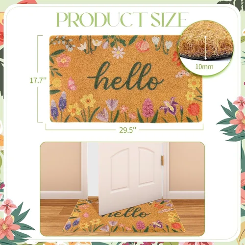 Miniatura 3 de Dripykiaa Felpudo floral de Hello Spring para puerta delantera, 30 x 17 pulgadas, tapete de bienvenida de fibra de coco con respaldo antideslizante