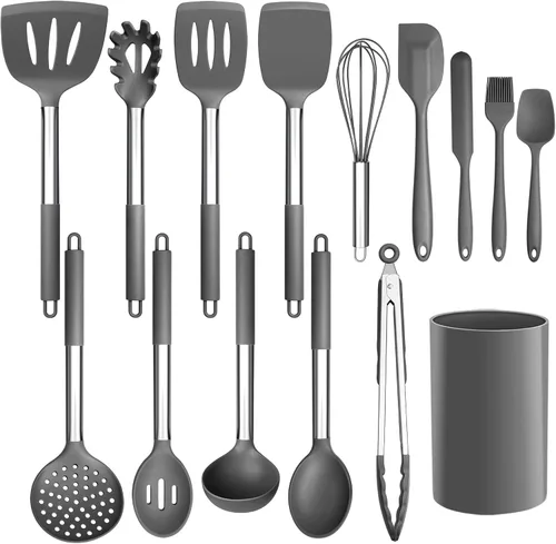 Miniatura 7 de LIANYU Juego de utensilios de cocina de 15 piezas con soporte, herramientas de cocina de silicona, mango de acero inoxidable, espátula ranurada, Rojo