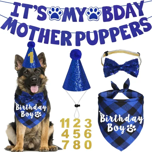Miniatura 8 de Suministros para fiesta de cumpleaños para perros, sombrero de cumpleaños para perro de varios tamaños con números, bandana, pajarita, cartel