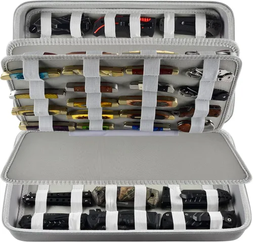 GWCASE Estuche de exhibición para más de 66 navajas de bolsillo. Soporte plegable, organizador de almacenamiento tipo mariposa, bolsa enrollable Gris