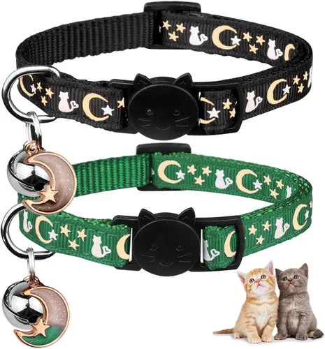 Miniatura 19 de Baeuppit 2 piezas de collares de gato separables con campana, lunas, estrellas, lindos collares ajustables para gatitos con colgante que brillan