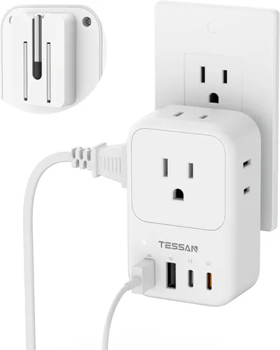 Miniatura 10 de TESSAN Bloque de cargador USB C de 20 W PD, adaptador de carga rápida con enchufe plegable, extensor de toma de corriente de 1875 W (4 CA y 4 USB)