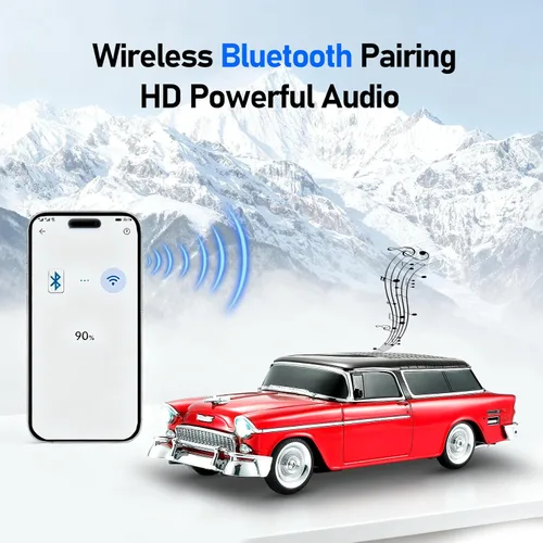 Miniatura 2 de Altavoz Bluetooth retro clásico modelo de automóvil con luz ambiental LED, emparejamiento estéreo TWS, ruedas móviles, sonido HD, altavoz Rojo