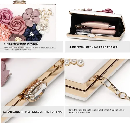 Miniatura 5 de Embrague floral para mujer, bolso de mano floral con flores en 3D, bolso de mano con rosas y flores, para boda y noche