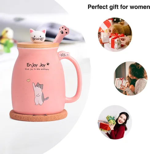 Miniatura 7 de Taza de café de cerámica con tapa de madera de gato Kawaii, encantadora cuchara de acero inoxidable, posavasos de madera gruesa de anime, taza Rosa