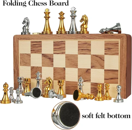 Miniatura 5 de BIVOMON Juego de ajedrez de metal para adultos y niños, tablero de ajedrez de madera plegable de 12 pulgadas con piezas de ajedrez de metal, juego