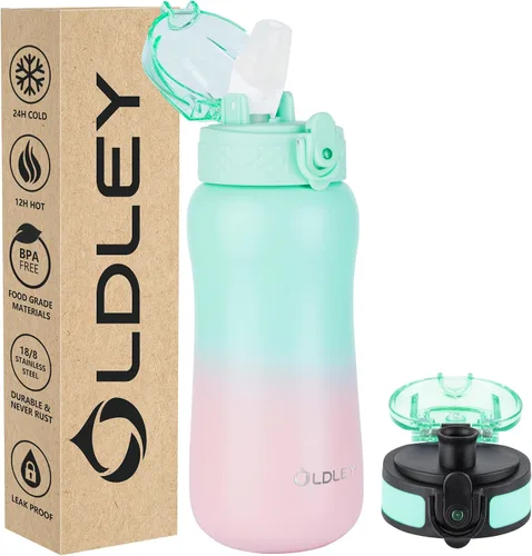 Miniatura 15 de Botella de agua aislada Oldley de 12 oz con pajita, botella de agua de acero inoxidable con 2 tapas, botellas de doble pared con vacío para adultos