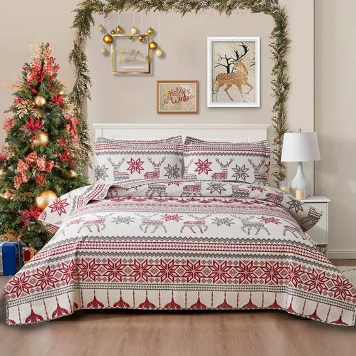 Miniatura 12 de Juego de colcha de Navidad de Smuge, tamaño king - Reversible, con diseño de alce, muñeco de nieve, árbol de Navidad, pequeña campana, rojo, verde