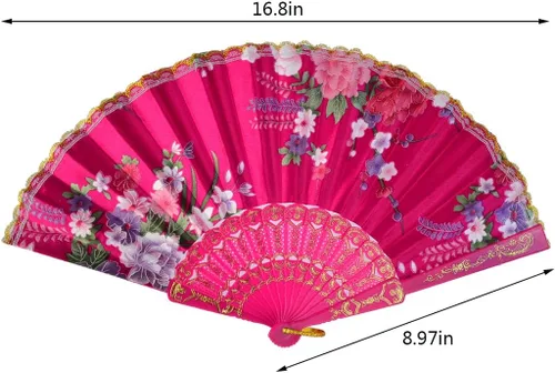 Miniatura 2 de Tayfremn Abanico de mano plegable floral, patrón de flores, con encaje lateral dorado, abanicos plegables de mano, abanicos plegables de mano
