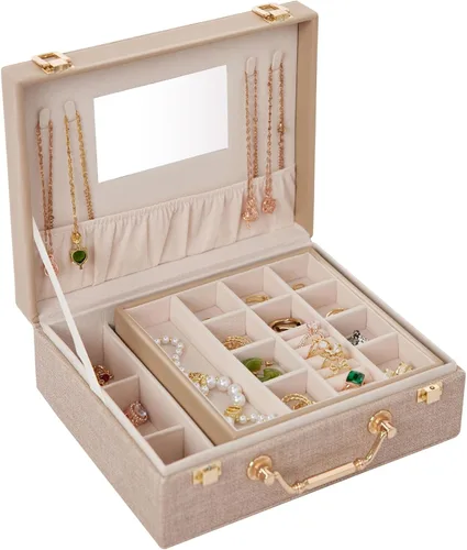 Joyero portátil para mujeres y niñas con piel sintética, caja organizadora de aretes con espejo de maquillaje para regalos de Navidad y Año Nuevo