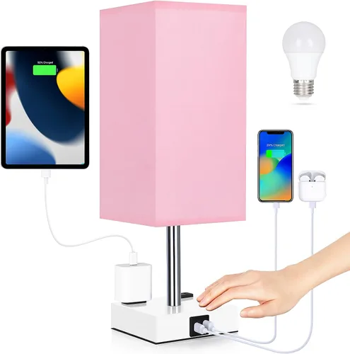 Lámpara de mesita de noche con puertos USB - Lámpara de mesa con control táctil para dormitorio con puertos de carga USB C+A y tomas de corriente