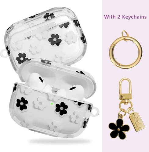 Miniatura 2 de Funda compatible con AirPods Pro 2 2022, TPU suave con bonito patrón de flores para AirPods Pro de 2ª/1ª generación con llavero de flores y Negro