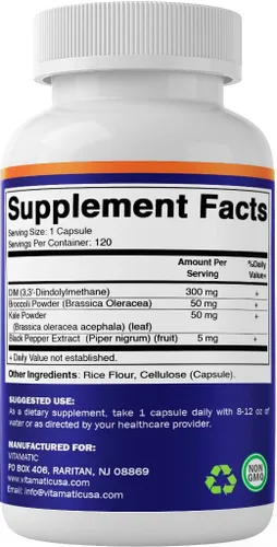 Miniatura 8 de Vitamatic DIM Complejo de suplemento para mujeres y hombres, 300 mg, 120 cápsulas vegetales, hecho con pimienta negra, brócoli en polvo y col rizada