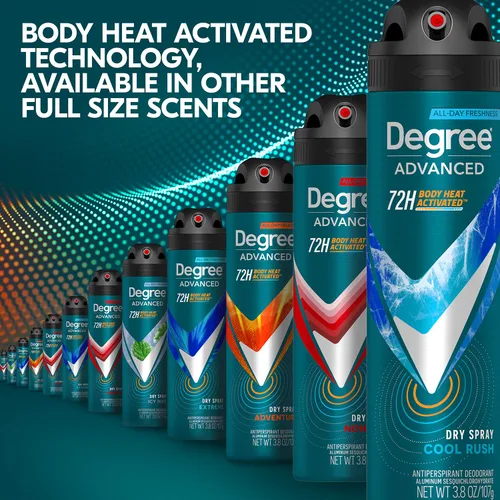 Miniatura 7 de Degree Desodorante de viaje para hombre, antitranspirante, paquete de 3 – 72H Advanced Protection Dry Spray, aroma Cool Rush, 1 oz Ea