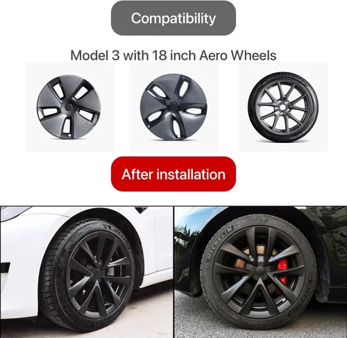 Miniatura 4 de KAVANIC 4 piezas de tapacubos para Tesla Model 3, cubiertas de rueda de 18 pulgadas, tapa de rueda mate negra con logotipo de estilo arácnido