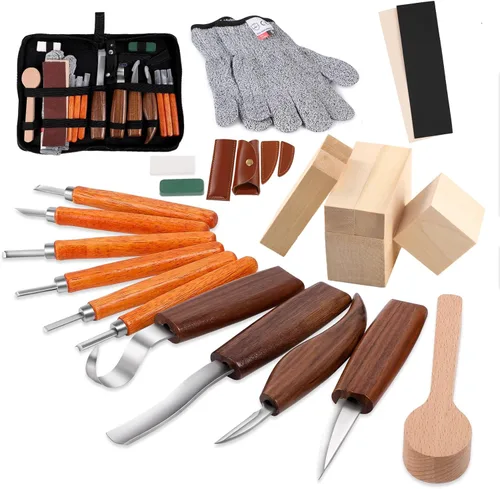 Miniatura 15 de Kit de tallado de madera, 26 herramientas de tallado de madera con 4 cuchillos de tallado de madera, 4 cuchillos de detalle, 10 bloques de tilo