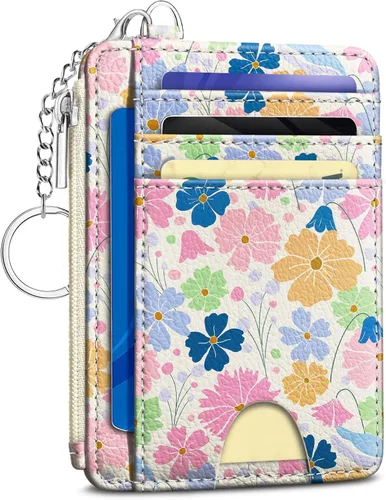 Miniatura 15 de Kelvoris Tarjetero pequeño para mujer, cartera delgada con bloqueo RFID, llavero con bolsillo para monedas con cremallera, bolsillo frontal
