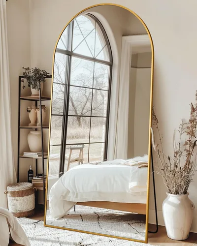Miniatura 25 de Espejo de cuerpo entero con soporte, espejo arqueado de 58 x 18 pulgadas, espejo grande con marco de aluminio para colocar de pie, colgar o apoyar