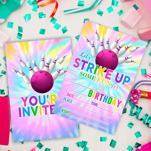 Miniatura 4 de Invitaciones de cumpleaños de bolos de teñido anudado, vamos a entablar algunas divertidas invitaciones de fiesta de cumpleaños para niños