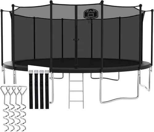 Trampolín de 1500 libras de 8, 10, 12, 14, 15, 16 pies para adultos/niños con red de seguridad, aro de baloncesto, pelota, estacas y escalera,