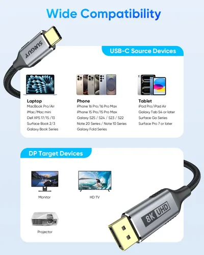 Miniatura 7 de SUNGUY Cable USB-C a DisplayPort de 5 pies, 8K a 60 Hz 4K a 240 Hz, USB C a DP 32.4 Gbps cable unidireccional Thunderbolt 4/3 para iPhone 17 16 15