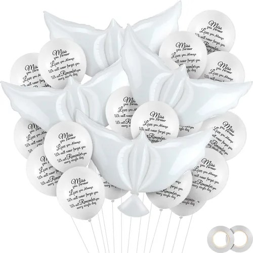 Miniatura 14 de Skylety 36 globos conmemorativos con 4 globos de paloma de la paz para liberar en recuerdo del cielo, decoraciones de helio para funerales, Negro