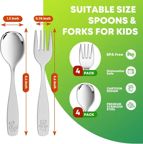 Miniatura 2 de Juego de cubiertos de acero inoxidable para niños de 8 piezas, 4 tenedores y 4 cucharas, bonitos juegos de cubiertos para niños con pulido de 8