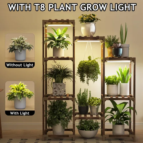 Miniatura 3 de HOMKIRT Soporte para plantas con luz de crecimiento, estante iluminado para plantas de interior para múltiples plantas, estante alto de madera