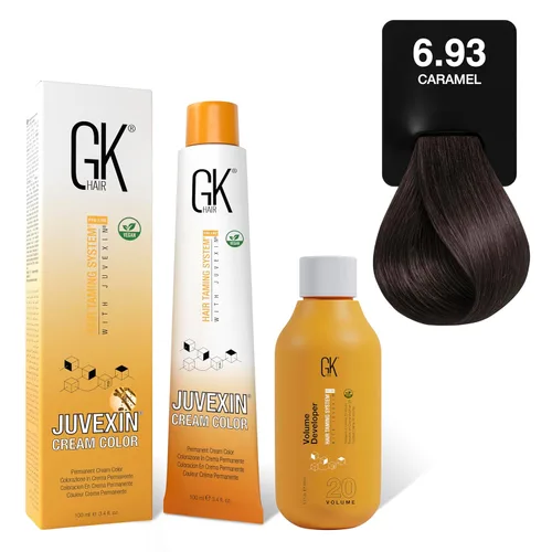 GK HAIR Global Keratin Caramel 6.93 - Tubo de crema para el cabello (3.4 onzas líquidas/3.4 fl oz) + revelador de 20 volúmenes (5 onzas líquidas/5.1