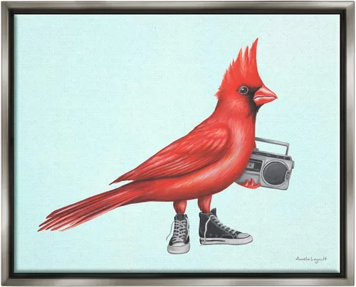 Stupell Industries Cardinal Bird Negro Zapatillas Retro Boombox Ilustración, Diseño por Amelie Legault Flotador gris enmarcado