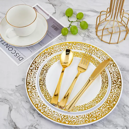 Miniatura 4 de Vajilla de plástico dorado de 210 unidades, platos desechables dorados, incluye: 30 platos de cena y 30 platos de postre, 30 tazas, 30 servilletas