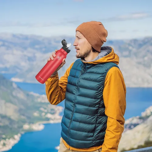 Miniatura 7 de Han's Bottle Botella deportiva de agua de 32 oz, tapa con popote, a prueba de fugas, de acero inoxidable con aislamiento al vacío, de doble pared