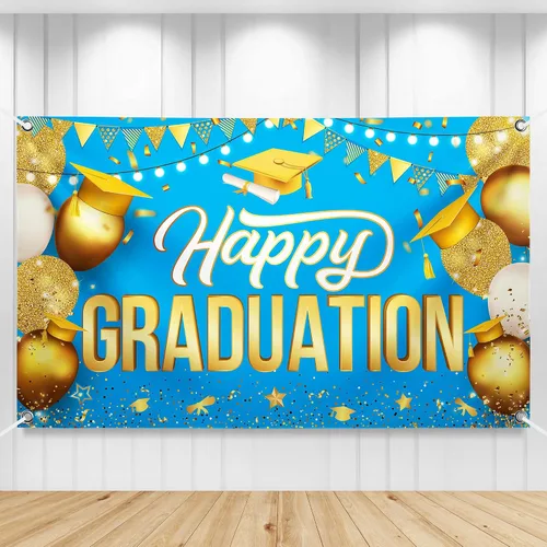 Miniatura 10 de Katchon, Cartel de feliz graduación dorado y azul – Xtralarge, 72 x 44 pulgadas Fondo de graduación 2026, decoraciones de graduación clase de 2026