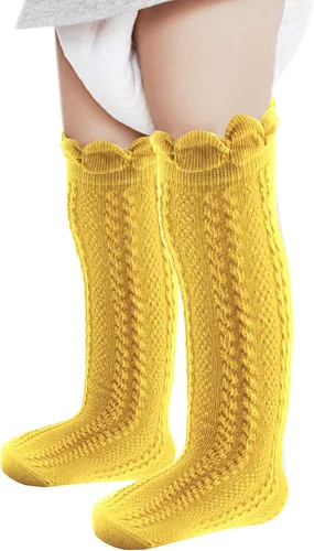 Miniatura 16 de Bestjybt Calcetines altos hasta la rodilla de algodón para bebés y niños pequeños, calcetines de punto trenzado con volantes, 5 pares