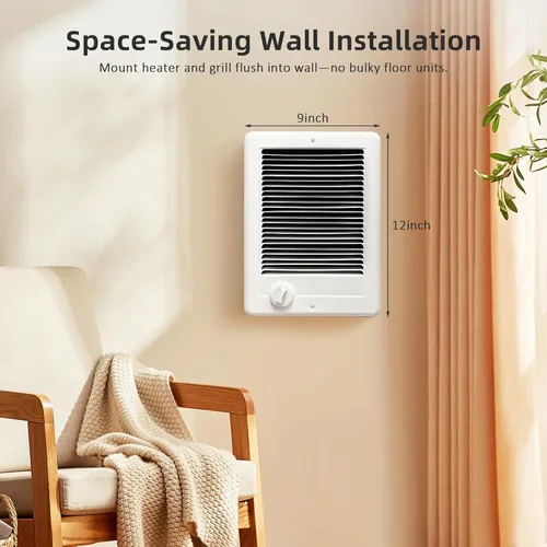 Miniatura 2 de Com-Pak - Calentador de pared eléctrico con termostato, alta capacidad 5120/3840 BTU, 240 voltios, 1500 vatios (modelo: CSC152TW, Parte: 67506)