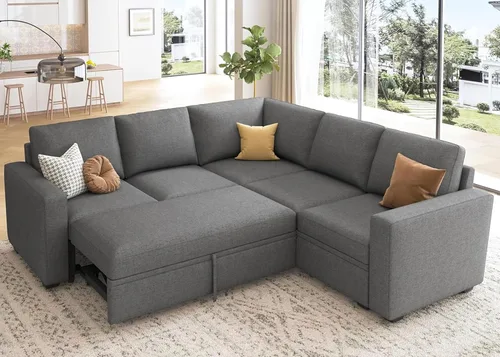 Miniatura 19 de HONBAY Sofá seccional modular con cama extraíble, sofá cama con forma de U extraíble con secciones de almacenamiento para sala de estar - Beige