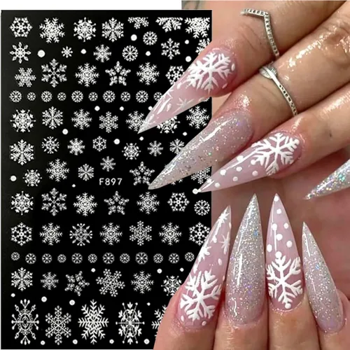 Miniatura 4 de 10 hojas de calcomanías de uñas de Navidad 3D con copo de nieve - Diseño de purpurina autoadhesiva blanca, decoraciones de invierno para Navidad