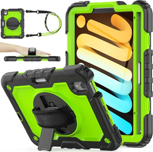 SEYMAC stock Funda para iPad mini 7 (A17 Pro) 2024/Mini 6 de 8.3 pulgadas con protector de pantalla portalápices [correa de mano giratoria 360] y