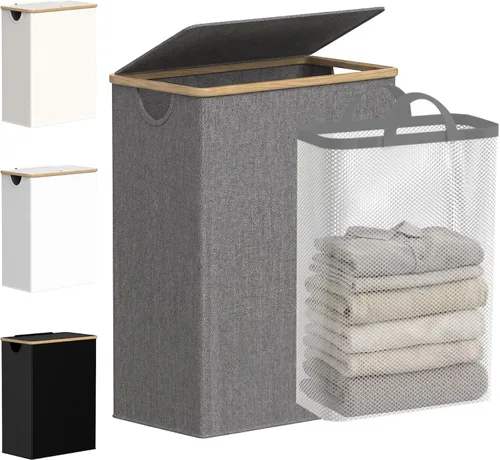 Miniatura 13 de efluky Cesta de lavandería con tapa y bolsa extraíble, cesta de lavandería de 100 litros de alto con asas de bambú, papelera estética para ropa Gris