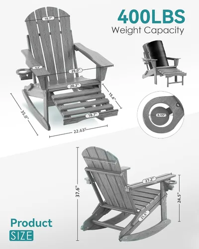 Miniatura 2 de Mecedora plegable Adirondack, silla de patio multifuncional 4 en 1 con otomana retráctil, silla de exterior con textura de madera, silla de césped