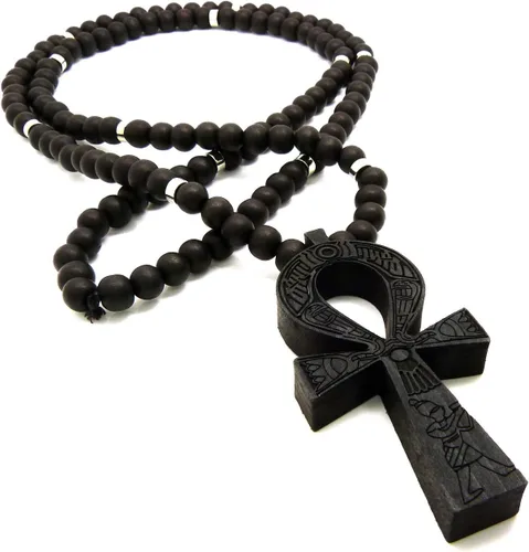 Miniatura 6 de Collar de cuentas de madera de 0.315in de 0.315in de 35.8in con diseño de llave de vida de Egipto, color negro, marrón