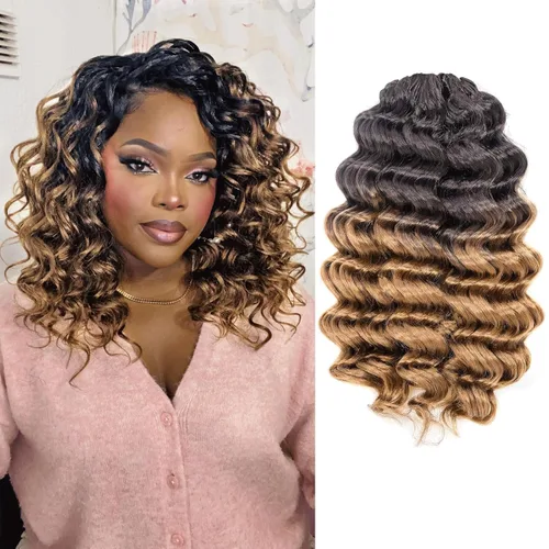 Miniatura 18 de Cabello de ganchillo con ondas oceánicas, 12 pulgadas, 8 paquetes de 3 tonos, cabello rizado de longitud media, rizado y ondulado profundo