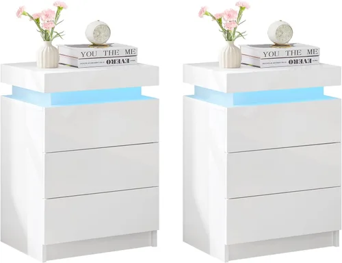 Miniatura 10 de TUKAILAi Mesita de noche con luz LED, moderna mesita de noche negra con tapa abatible, mesita de noche pequeña con 3 cajones de madera, mesa