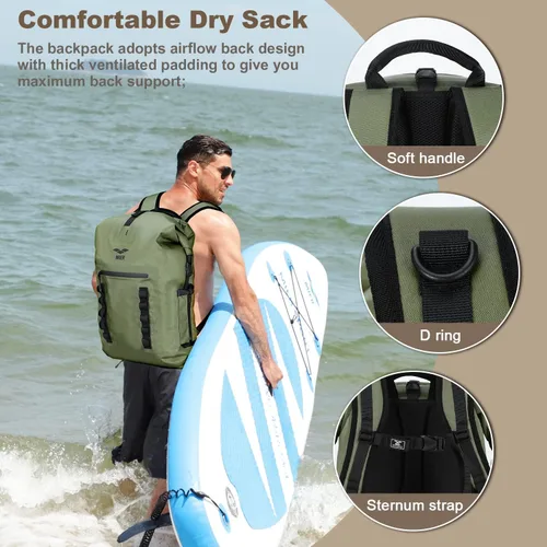 Miniatura 4 de MIER Mochila impermeable Saco con cierre de parte superior enrollable Bolsa seca ligera, Mochilas tipo mochila Verde oscuro