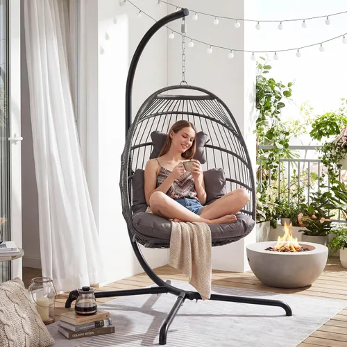 Miniatura 16 de NICESOUL Silla de huevo sin soporte para interiores y exteriores, cómoda silla colgante de mimbre para patio con cojín, hamaca columpio de 350 Beige