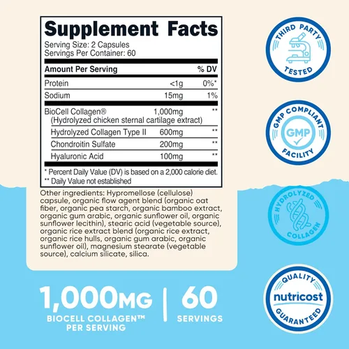 Miniatura 2 de Nutricost BioCell Colágeno (1,000 mg) 120 cápsulas - Suplemento de colágeno hidrolizado tipo II, sin OMG, sin gluten, 60 porciones